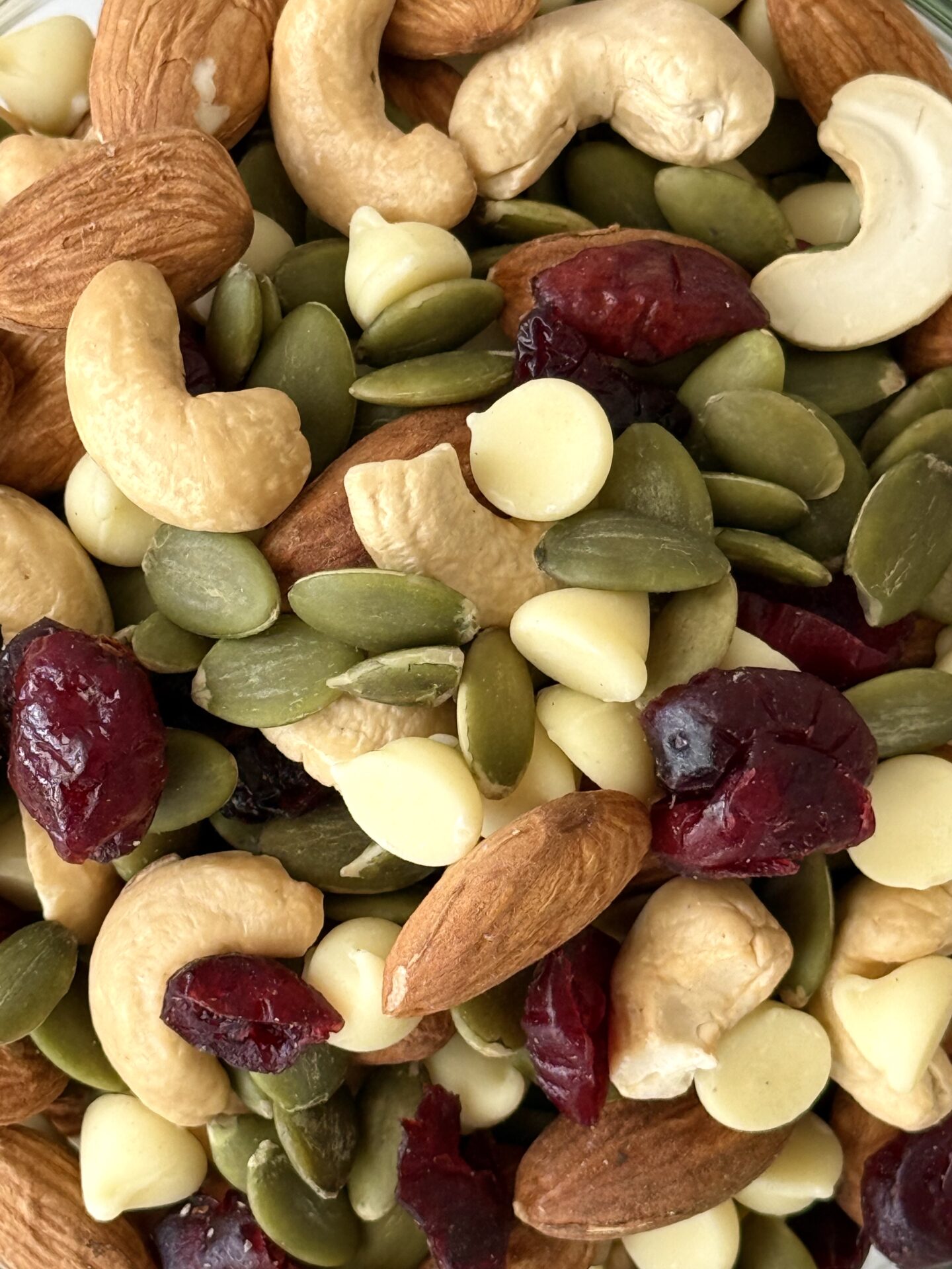 White Chocolate and Cranberry Trail Mix is seen from above, close up.