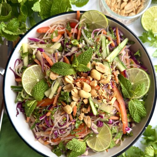 A vibrant bowl of Spring Roll Noodle Salad is seen from above, filled with colourful vegetables and topped with crushed peanuts, lime wheels and mint leaves.