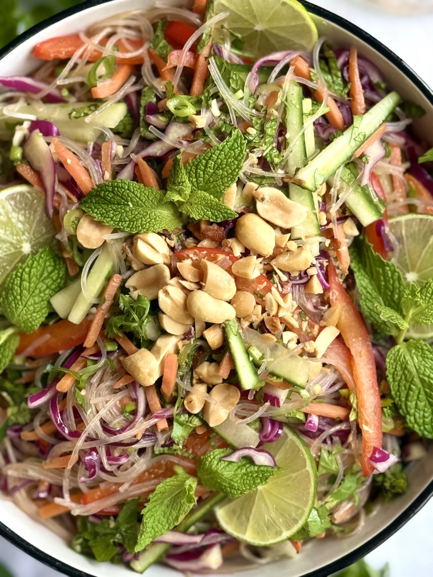 A bowl of Spring Roll Noodle Salad is seen from above, featuring colourful and crisp vegetables, thin rice noodles and lots of fresh herbs.  Crushed peanuts are sprinkled over top and lime wheels are tucked in an amongst the noodles as garnish.