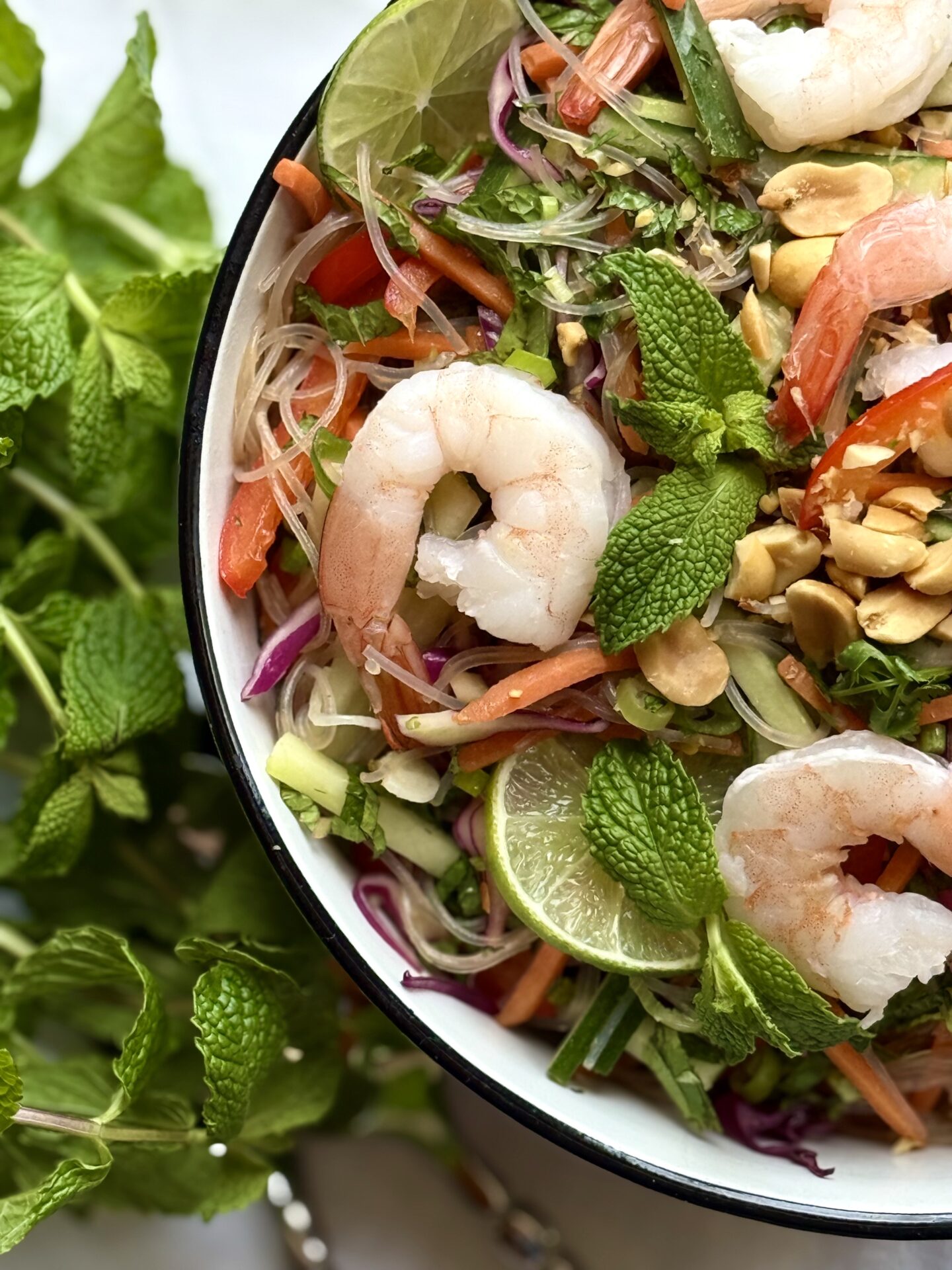 A bowl of colourful Spring Roll Noodle Salad is seen, with the addition of poached shrimp.