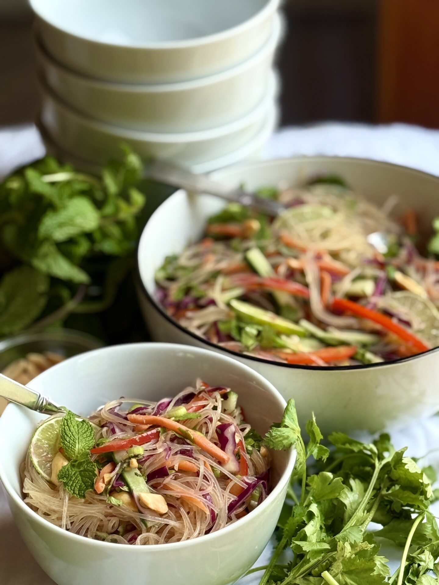 An individual bowl of Spring Roll Noodle Salad is seen in the foreground.  A larger serving bowl of the colourful salad sits in the background, along with a stack of individual bowls.  All the dishes are surrounded by piles of fresh, green mint leaves and cilantro sprigs.