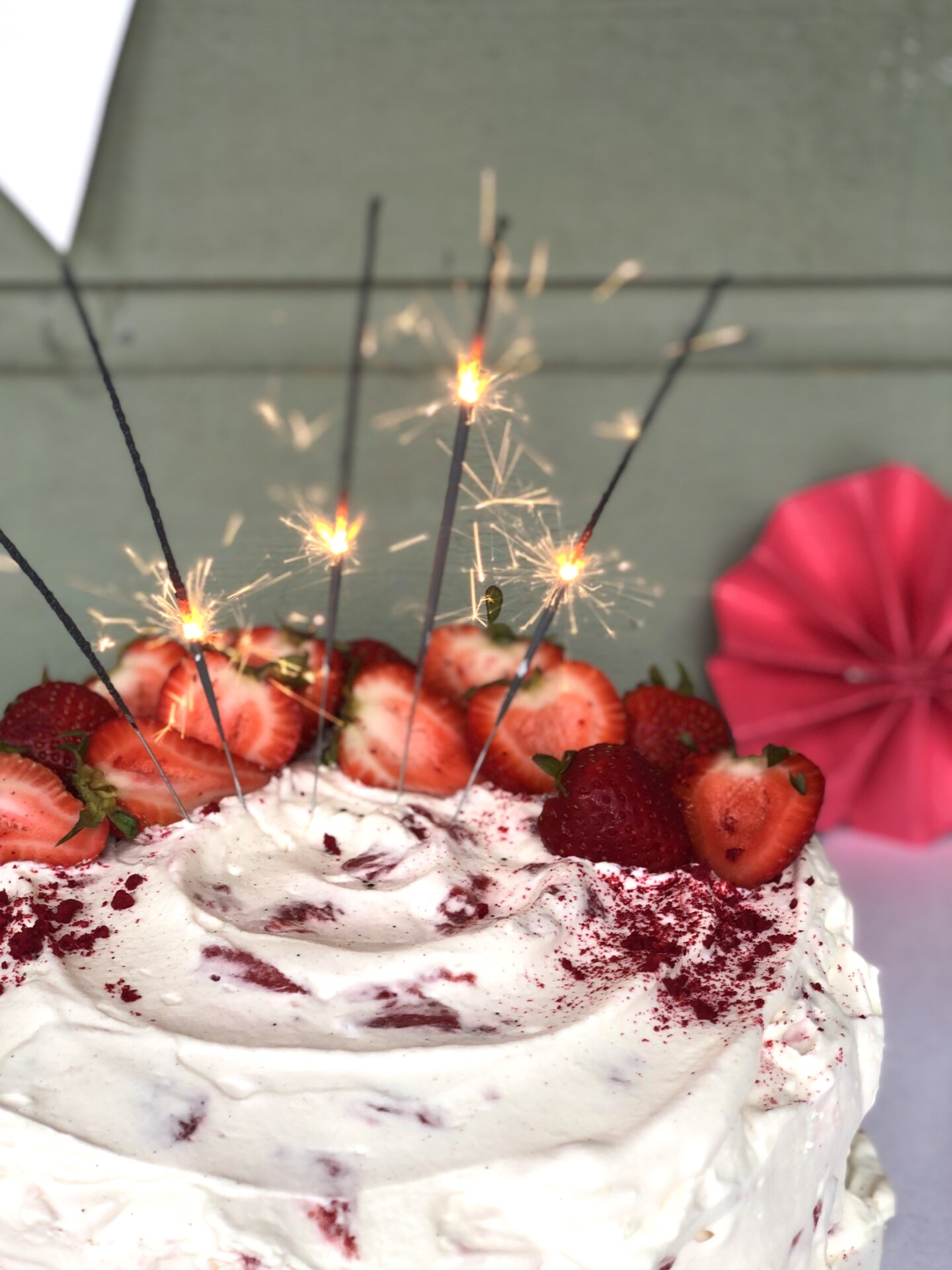Canada Day Strawberries and Cream Cake with sparklers