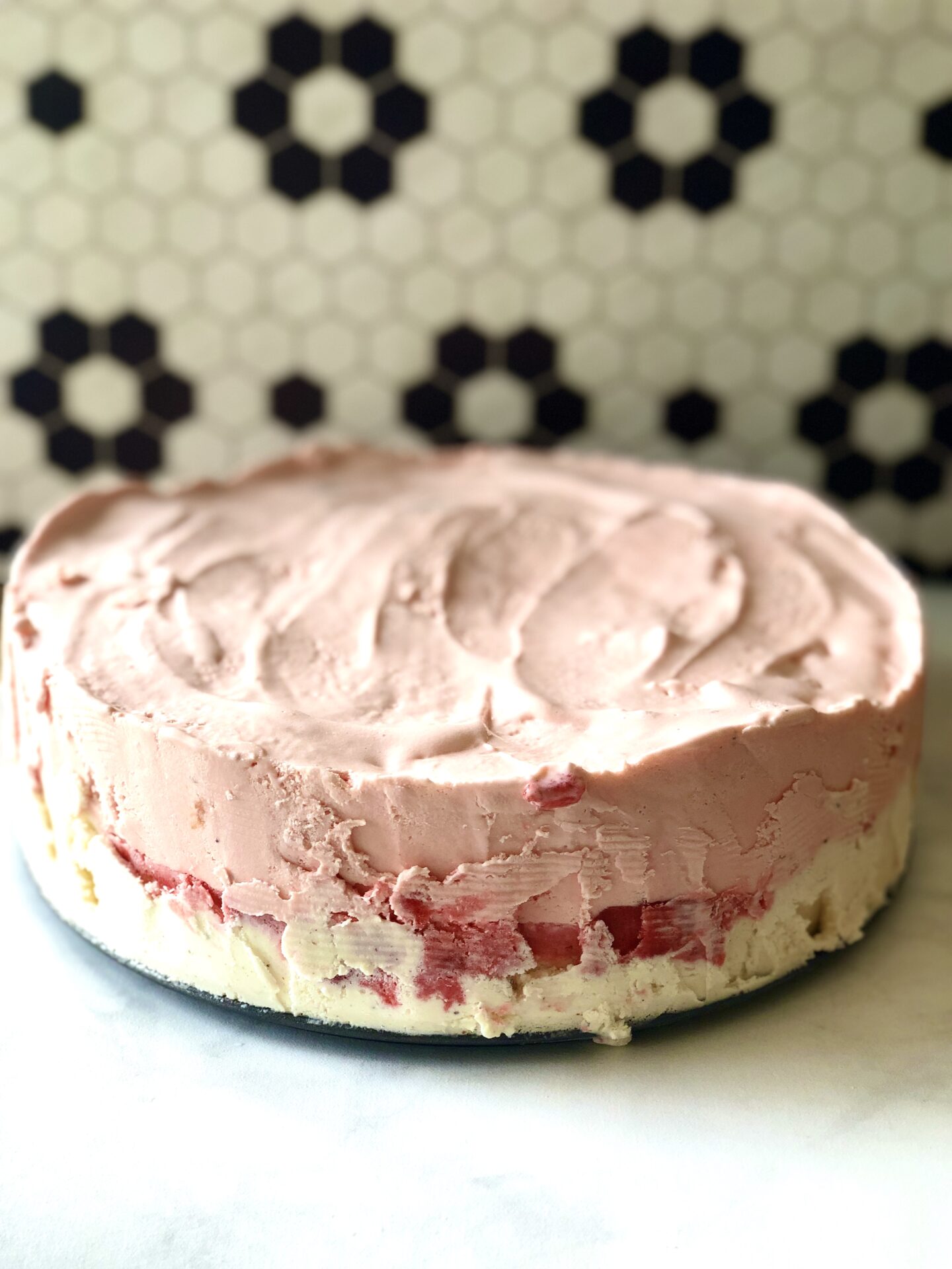 Strawberries and cream layered ice cream cake