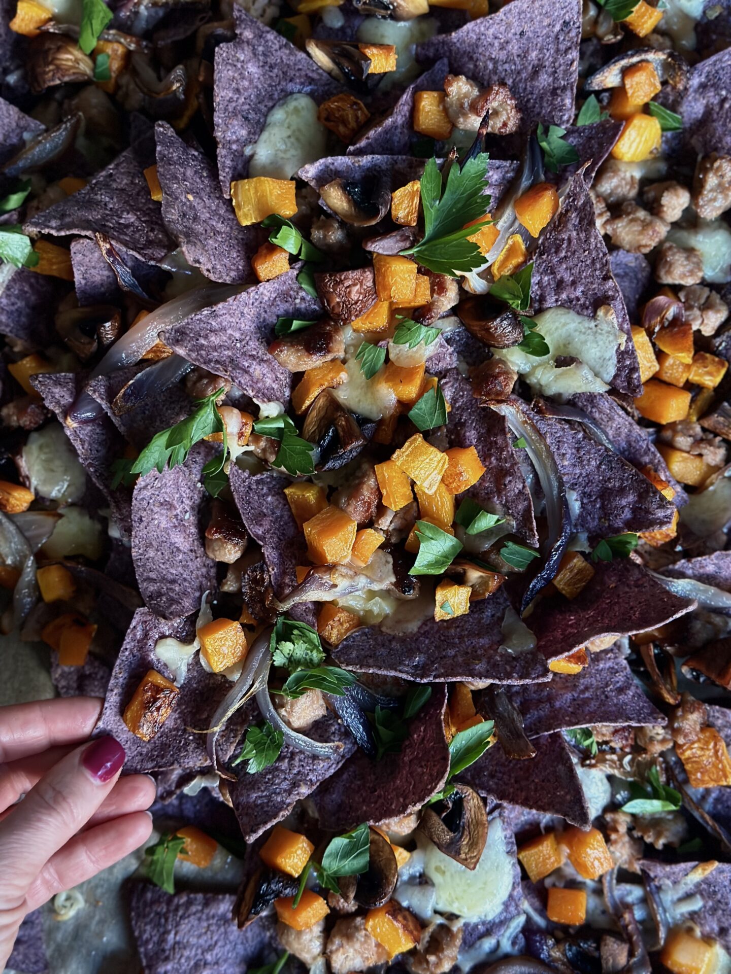 A tray of homemade blue corn harvest nachos is seen from above with a hand reaching in