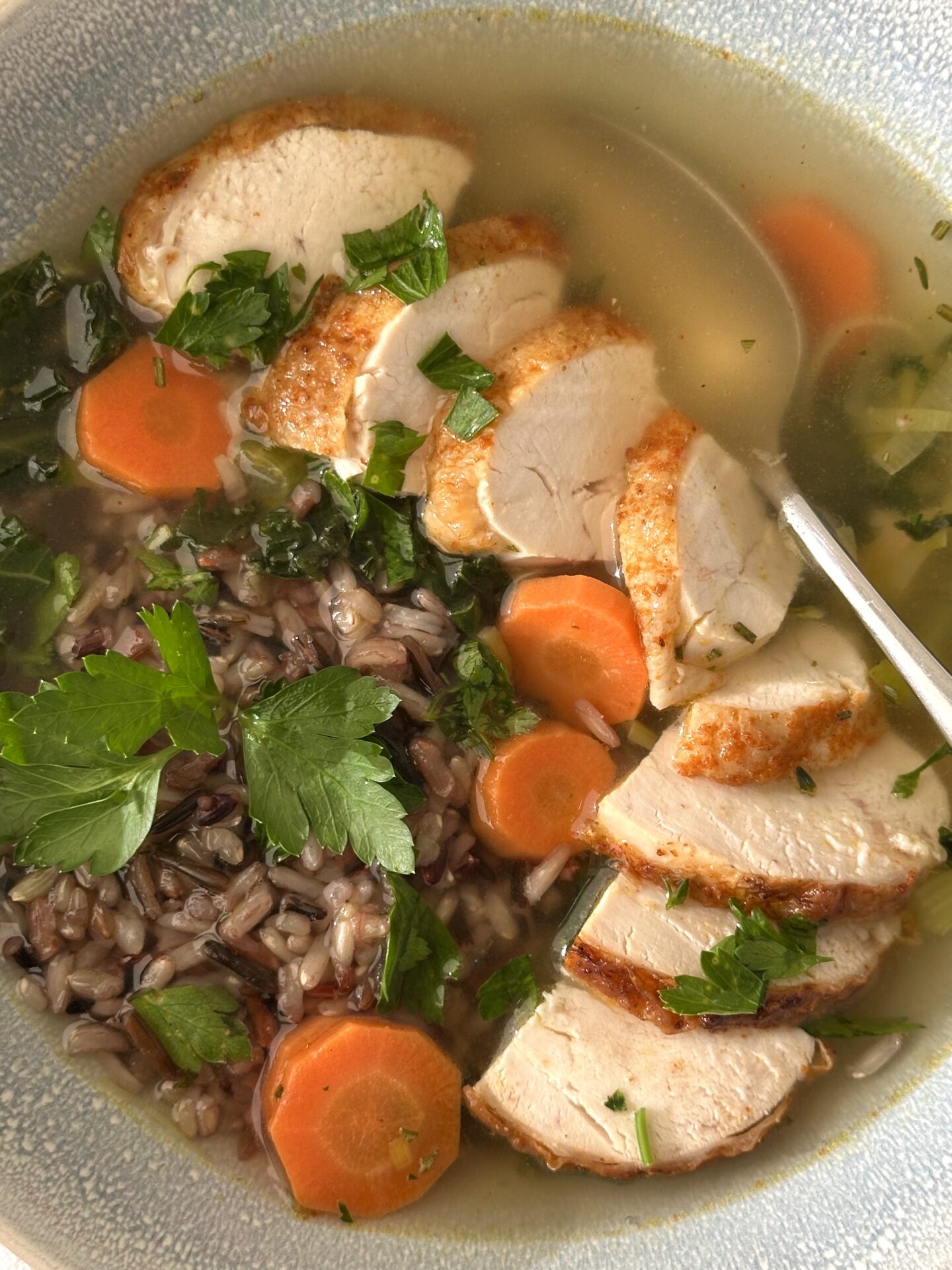 A bowl of turkey leek and wild rice soup is seen in close up, from above, with large slices of juicy turkey and a heap of wild rice nestled in a golden broth.